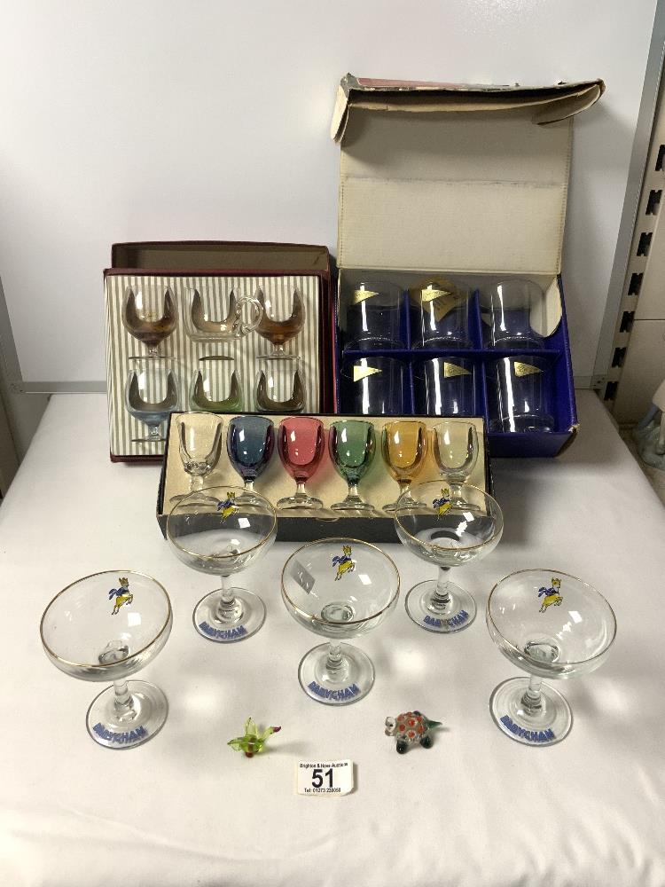 FIVE BABYCHAM GLASSES, SET LEAD CRYSTAL TUMBLERS AND TWO MATCHED BOXED SETS OF GLASSES.