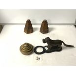 VICTORIAN IRON DOG NUT CRACKERS, THREE GRADUATING SETS OF WIEGHTS; 1 BRASS AND 2 IRON.