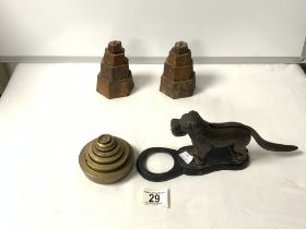 VICTORIAN IRON DOG NUT CRACKERS, THREE GRADUATING SETS OF WIEGHTS; 1 BRASS AND 2 IRON.