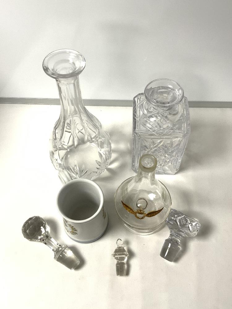 RAF CONICAL SHAPED GLASS SHERRY DECANTER, A RAF POTTERY MUG AND 2 GLASS DECANTERS. - Image 4 of 5