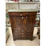 FRENCH FLAME MAHOGANY MARBLE TOP SECRETAIRE, WITH FALL FRONT AND THREE DRAWERS; 94X140 CMS.