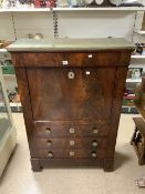 FRENCH FLAME MAHOGANY MARBLE TOP SECRETAIRE, WITH FALL FRONT AND THREE DRAWERS; 94X140 CMS.