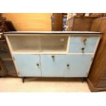 A 1950s BLUE KITCHEN CABINET, WITH SLIDING GLASS DOORS, THREE CUPBOARDS AND TWO DRAWERS, MADE BY '