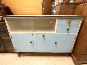 A 1950s BLUE KITCHEN CABINET, WITH SLIDING GLASS DOORS, THREE CUPBOARDS AND TWO DRAWERS, MADE BY '