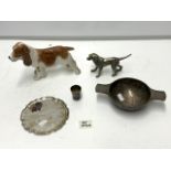 PORCELAIN FIGURE OF A RETRIEVER, SILVER PLATED MODEL OF A DOG, PORRINGER AND CARD TRAY.