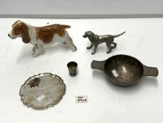 PORCELAIN FIGURE OF A RETRIEVER, SILVER PLATED MODEL OF A DOG, PORRINGER AND CARD TRAY.