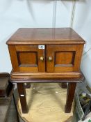 VICTORIAN MAHOGANY CASED PART CANTEEN OF PLATED CUTLERY ON STAND.