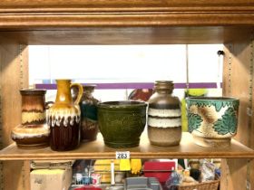 TWO WEST GERMAN POTTERY JARDINERES, THREE SIMILAR JUGS AND A VASE.