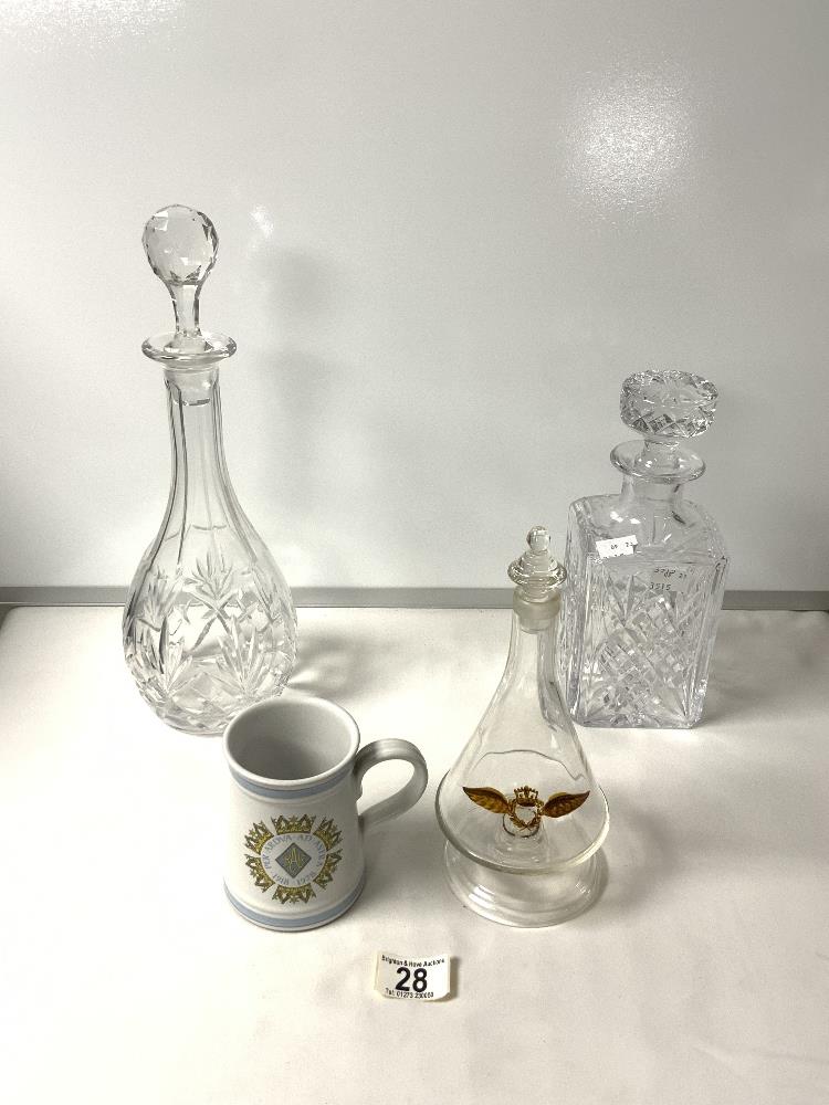 RAF CONICAL SHAPED GLASS SHERRY DECANTER, A RAF POTTERY MUG AND 2 GLASS DECANTERS.