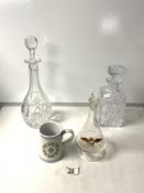 RAF CONICAL SHAPED GLASS SHERRY DECANTER, A RAF POTTERY MUG AND 2 GLASS DECANTERS.