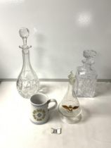 RAF CONICAL SHAPED GLASS SHERRY DECANTER, A RAF POTTERY MUG AND 2 GLASS DECANTERS.