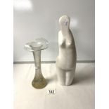 A WHITE COMPOSITE SCULPTURE OF A WOMAN; 35 CMS AND ART GLASS POSY VASE.