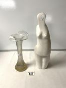 A WHITE COMPOSITE SCULPTURE OF A WOMAN; 35 CMS AND ART GLASS POSY VASE.