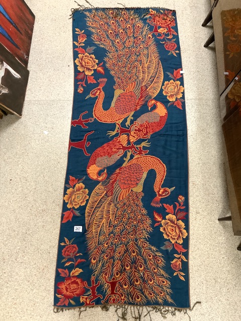 A WOOLLEN SHAWL WITH PEACOCK DESIGN.