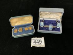 PAIR OF 375 HALLMARKED GOLD CUFFLINKS; 6.5 GMS AND A CUFFLINK AND TIE CLIP SET WITH STONE SET PAGODA