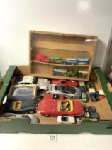 A DIE-CAST BURAGO E TYPE JAGUAR, MATCHBOX RAF JEEP AND OTHER TOY AND MODEL CARS.