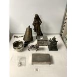 EASTERN BRONZE BELL, SILVER PLATED LION FIGURE AND OTHER METALWARE.