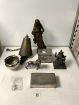 EASTERN BRONZE BELL, SILVER PLATED LION FIGURE AND OTHER METALWARE.