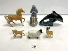 TWO BESWICK HORSES, SHEEP AND DEER, POOLE DOLPHIN, AND ROYAL COPENHAGEN FIGURE OF SHEPERD BOY.