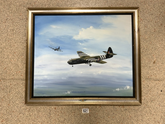 OIL ON BOARD OF TWO RAF AIRSPEED HORSA GLIDERS SIGNED FISHBURN; 58X49 CMS.