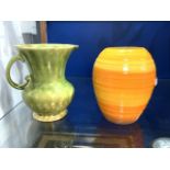 ART DECO SHELLEY ORANGE AND YELLOW VASE; 18 CMS AND A GREEN GLAZED JUG.