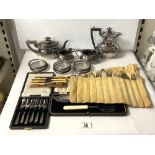 A FOUR PIECE PLATED TEA SET, PLATED CUTLERY AND SET OF SIX COASTERS.