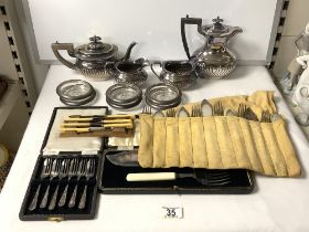 A FOUR PIECE PLATED TEA SET, PLATED CUTLERY AND SET OF SIX COASTERS.