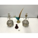 A PAIR OF DUTCH GLASS CARAFE'S WITH GOLD WINDMILL AND GRAPE DECORATION, A MURANO GLASS BIRD AND RUBY