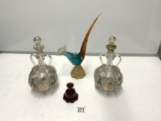 A PAIR OF DUTCH GLASS CARAFE'S WITH GOLD WINDMILL AND GRAPE DECORATION, A MURANO GLASS BIRD AND RUBY