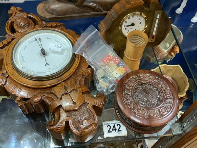 CARVED OAK WALL BAROMETER, A SMALL CLOCK IN THE SHAPE OF AUSTRALIA, A CARVED WOODEN LION ATTACKING - Image 3 of 3