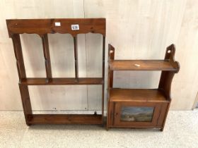 A SMALL VICTORIAN HANGING WALL CABINET WITH PAINTED HUNTING SCENE TO DOOR PANEL AND SET OF STAINED