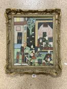 INDIAN MUGHAL - PAINTED PALACE SCENE WITH MUSICIANS AND FOOD BEARERS IN A GILT FRAME; 39X50 CMS.