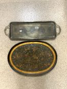 ANTIQUE INDIAN PAPIER MACHE LACQUERED TRAY, WITH BATTLE SCENE DECORATION; 60X42 CMS AND INDIAN BRASS