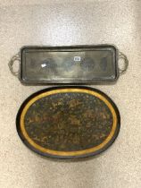 ANTIQUE INDIAN PAPIER MACHE LACQUERED TRAY, WITH BATTLE SCENE DECORATION; 60X42 CMS AND INDIAN BRASS