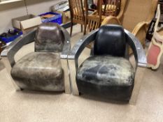 PAIR OF AVIATORS ARMCHAIRS WITH BROWN LEATHER UPHOLSTERY