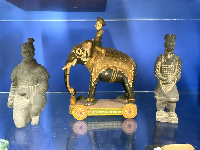 TWO CHINESE TERRACOTTA FIGURES OF MEN AND A HORSE AND INDIAN PAINTED WOODEN ELEPHANT ON WHEELS. - Image 2 of 3