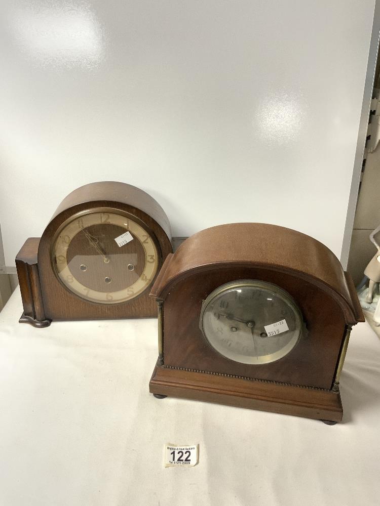 EDWARDIAN MAHOGANY DOME TOP MANTLE CLOCK WITH BRASS PILLAR SUPPORTS AND OAK MANTLE CLOCK.