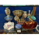 HEREND PORCELAIN ASHTRAY, GOUDA CERAMIC BASKET, ORIENTAL CRACKLEWARE VASE AND OTHER ITEMS,