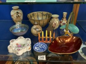 HEREND PORCELAIN ASHTRAY, GOUDA CERAMIC BASKET, ORIENTAL CRACKLEWARE VASE AND OTHER ITEMS,