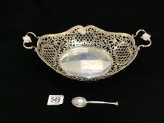 CONTINENTAL HALLMARKED SILVER LARGE BASKET; 36CM WITH A HALLMARKED SILVER TEA SPOON; TOTAL WEIGHT