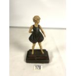 ART DECO FIGURE OF HOOP GIRL ON A STEPPED METAL BASE; 22 CMS.