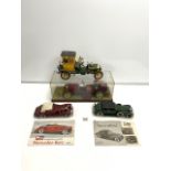 FOUR PAINTED WOOD AND PLASTIC MODELS OF VINTAGE CLASSIC CARS.