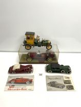 FOUR PAINTED WOOD AND PLASTIC MODELS OF VINTAGE CLASSIC CARS.
