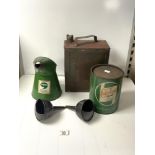 A 1953 MILITARY GERRY CAN, VINTAGE CASTROL GREASE TIN, COMMA LUBRICANT JUG AND TWO METAL FUNNELS.