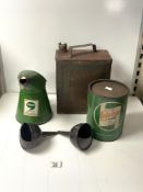 A 1953 MILITARY GERRY CAN, VINTAGE CASTROL GREASE TIN, COMMA LUBRICANT JUG AND TWO METAL FUNNELS.