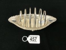 VICTORIAN HALLMARKED SILVER 5 DIVISION TOAST RACK WITH FLORAL EMBOSSED OVAL BASE ON TURNED FEET;