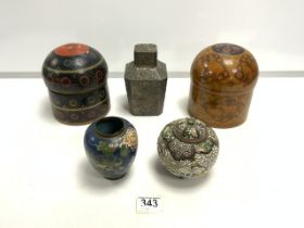 TWO SMALL CLOISONNE JARS, ANTIMONY EMBOSSED TEA CADDY AND TWO KASHMIRI CYLINDRICAL CONTAINERS.