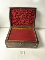 VICTORIAN ROSEWOOD AND MOTHER O' PEARL INLAID JEWELLERY BOX.