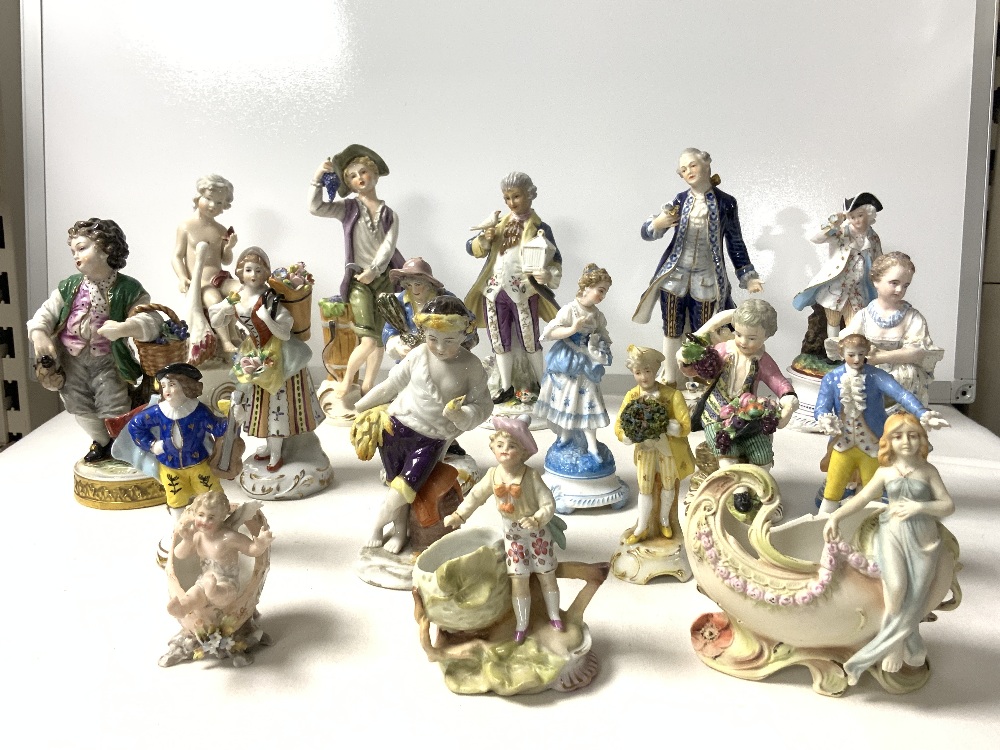 CONTINENTAL PORCELAIN FIGURE HOLDING BIRD AND CAGE;18 CMS, OTHER PORCELAIN FIGURES HOLDING FRUIT AND - Image 2 of 4