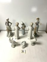 FIVE LLADRO FIGURES OF GIRLS, AN ANGEL AND TWO DUCKS.